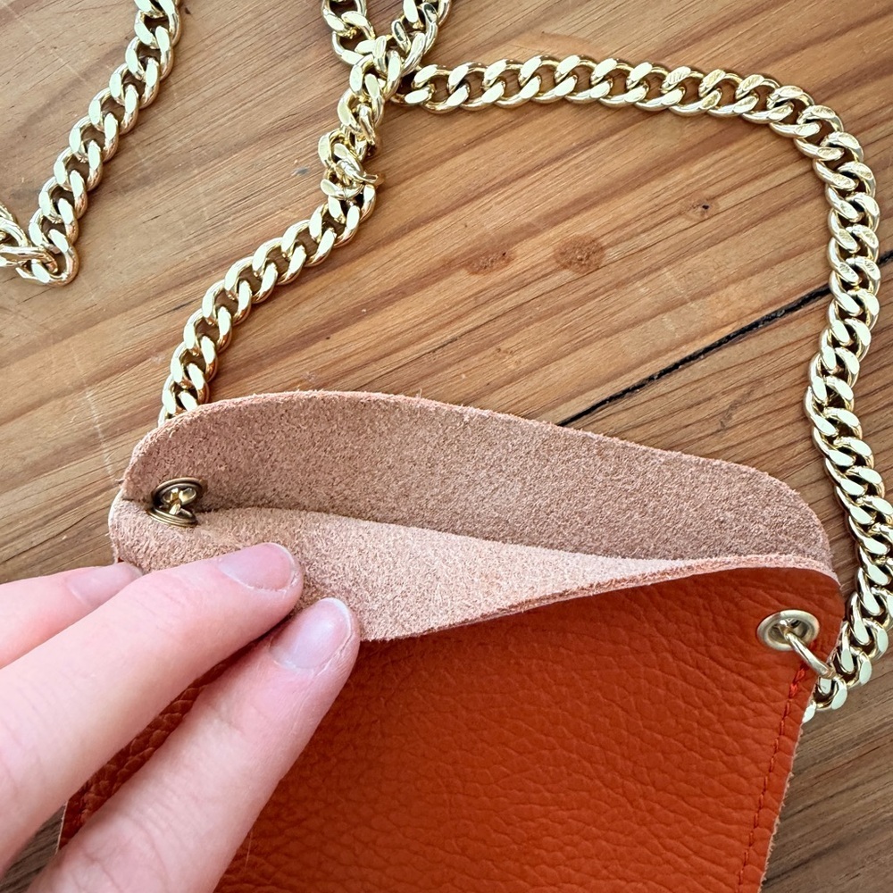 Orange Leather Crossbody Phone Bag with Gold Chain - Picture 2 of 4
